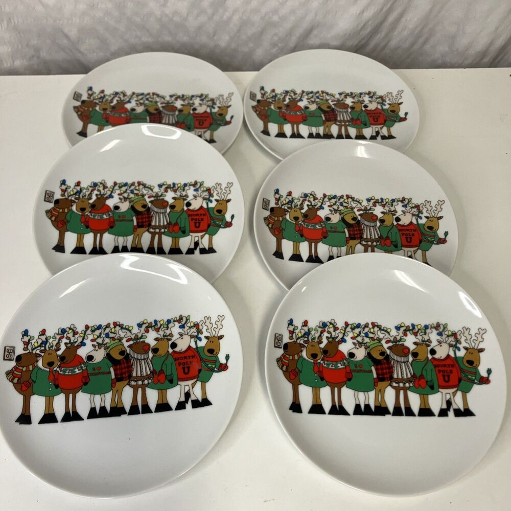 Vintage Cost Plus North Pole University Christmas Reindeer Salad Plates 6 Total